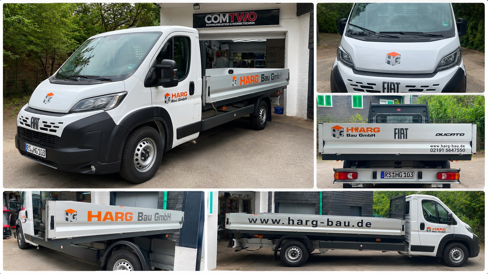 Fahrzeugbeschriftung HARG Bau Collage eines beschrifteten Fiat Ducato Pritschenwagens von HARG Bau mit Front-, Seiten- und Heckansichten