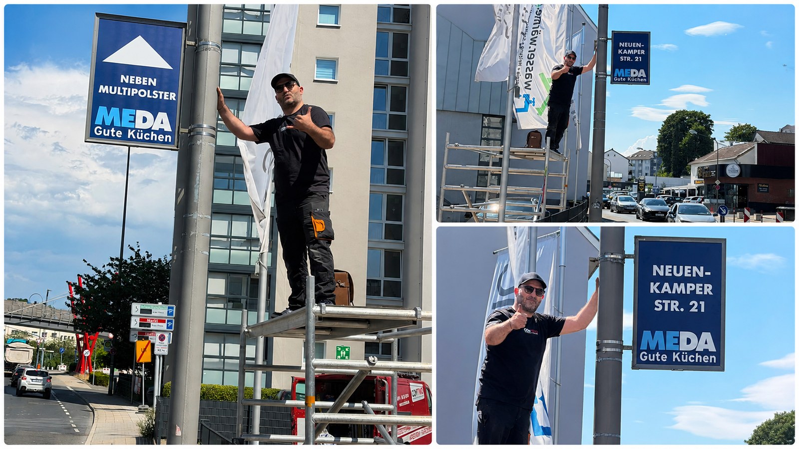 Laternenwerbung MEDA in Remscheid Montage einer Werbefläche an einem Lichtmast im Remscheider Stadtgebiet